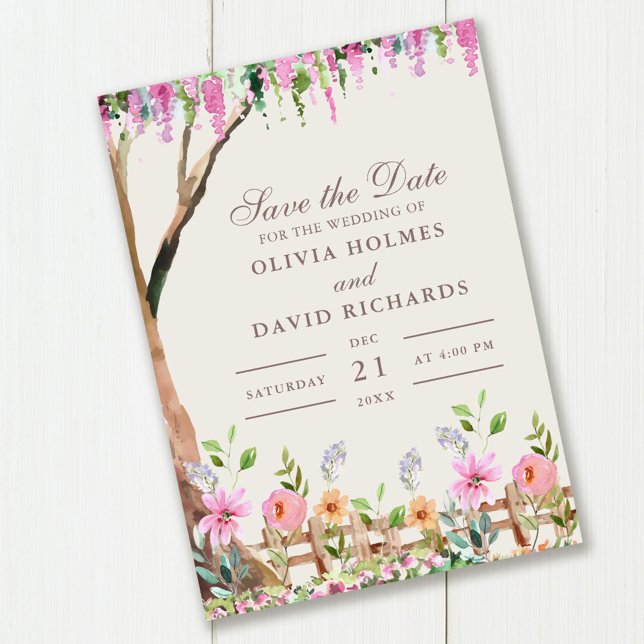Rustik Akacia med Vildblommor Spara Datum-kort Inbjudningar (Rustic Acacia with Wildflowers Save the Date Card on wooden table.)