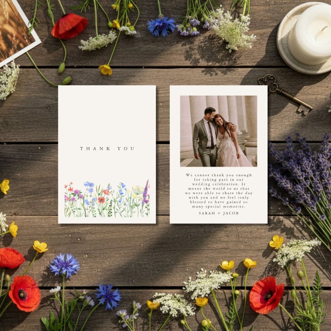 Rustik äktenskapsfotografi från vildblomsäng tack kort (Rustic Wildflower Meadow Wedding Photo Thank You Card)