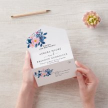 rustik akvarell av en rosa & blå blomsterbukett