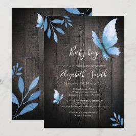 Rustik akvarell blå fjäril blomster baby shower inbjudningar