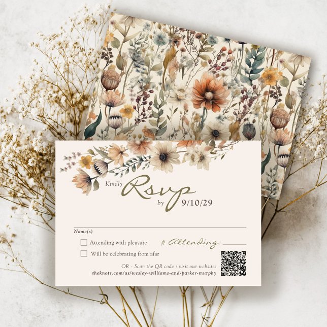 Rustik akvarell höstblomma Elfenbensfärgad höstbrö OSA Kort (Elegant colorful watercolor Fall floral boho botanical Autumn flower ivory wedding QR code rsvp card)
