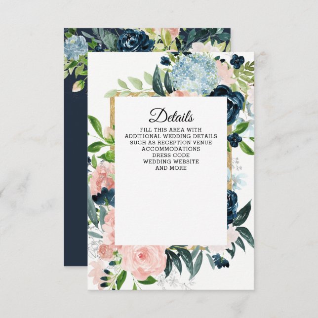 Rustik akvarell marin nyans guldblommig bröllop tilläggskort (Fram/baksida)