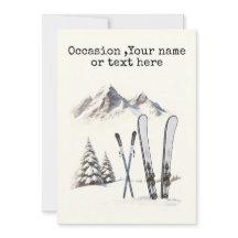 Rustik akvarell skidåkning snö träd berg vinter