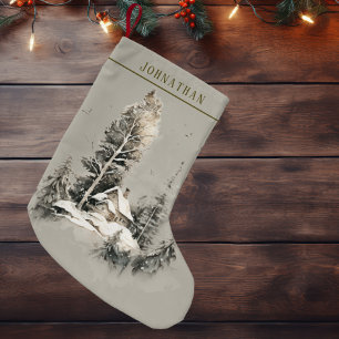 Rustik akvarell vinter lanthushåll stuga  liten julstrumpa
