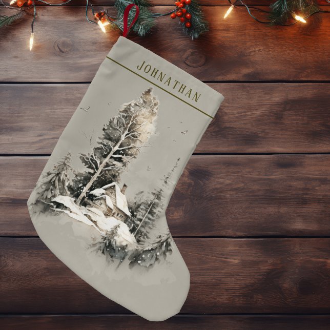 Rustik akvarell vinter lanthushåll stuga  liten julstrumpa (Skapare uppladdad)