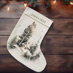 Rustik akvarell vinter lanthushyt  stor julstrumpa
