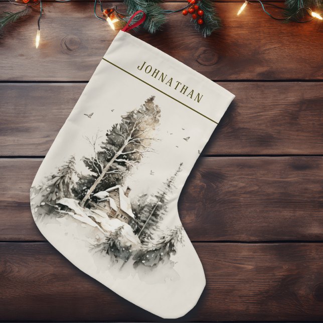 Rustik akvarell vinter lanthushyt  stor julstrumpa (Skapare uppladdad)