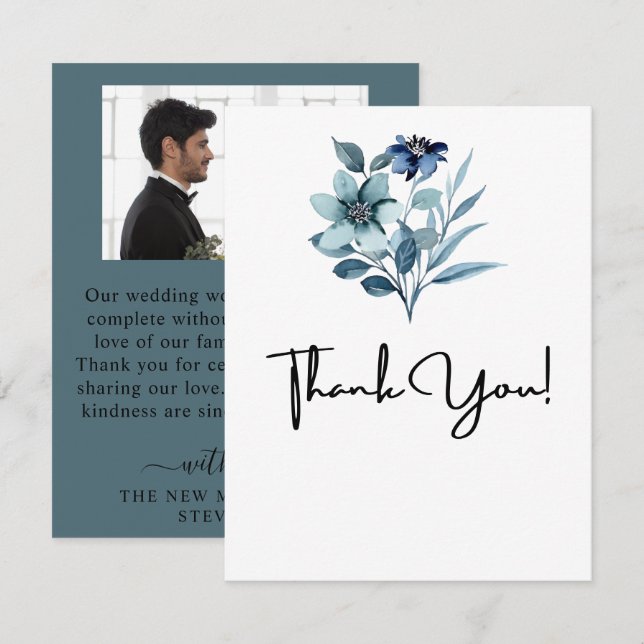 Rustik akvarellillustration Blå blomsterbukett Tack Kort (Fram/baksida)
