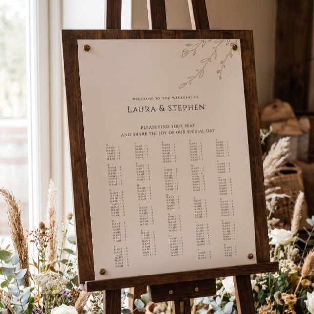 Rustik alfabetisk bröllopsskylt med botaniska moti poster (Skapare uppladdad)