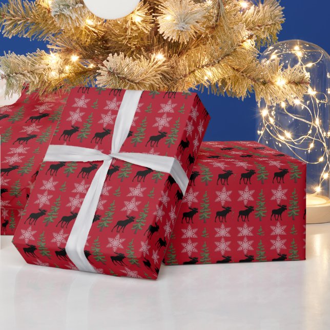Rustik  Älg Snöflinga Tall Jul Röd  Presentpapper (Helgdagar)