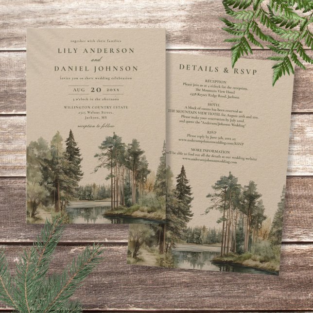 Rustik allt på ett vattenfärgsskog i Sjö Bröllop Inbjudningar (Rustic All In One Watercolor Lake Forest Wedding Invitation)