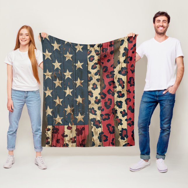 Rustik amerikansk flagga leopardtryck (1) fleecefilt (På plats)