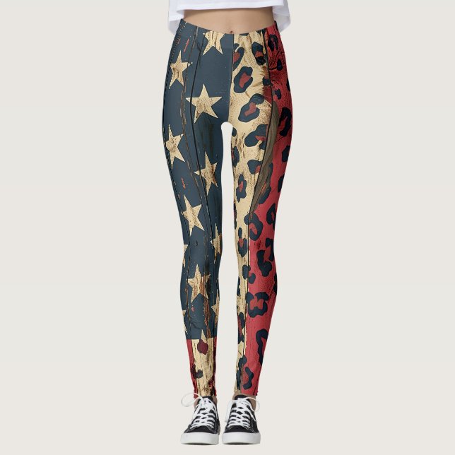 Rustik amerikansk flagga leopardtryck (1) leggings (Framsida)