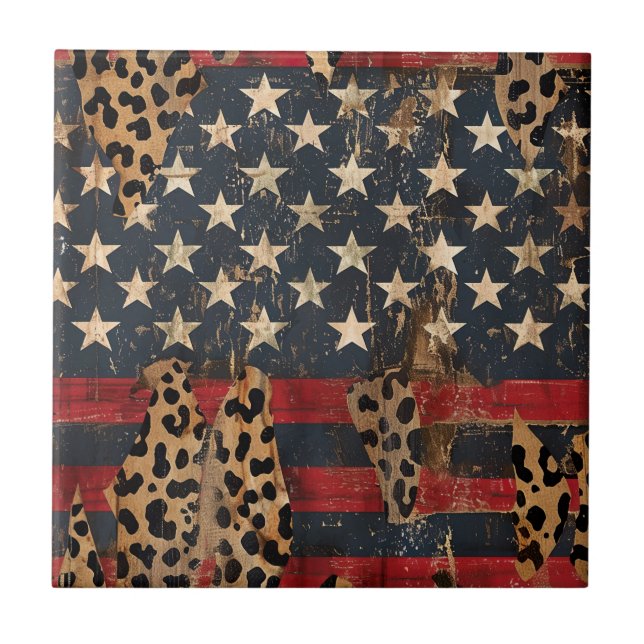 Rustik amerikansk flagga leopardtryck (3) kakelplatta (Framsidan)