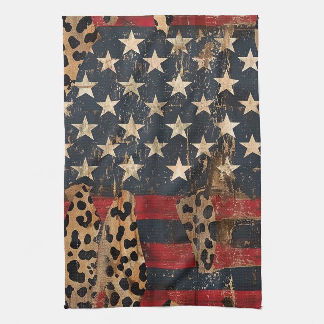 Rustik amerikansk flagga leopardtryck (3) kökshandduk (Vertikal)