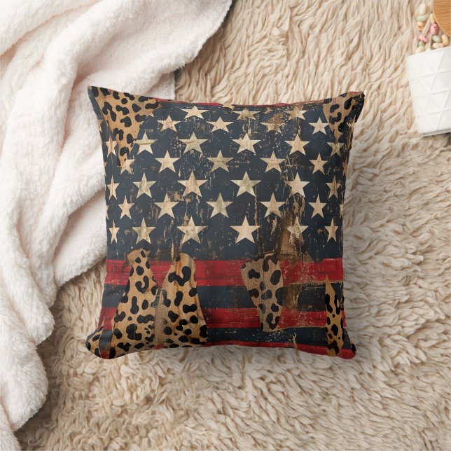 Rustik amerikansk flagga leopardtryck (3) kudde (Filt)