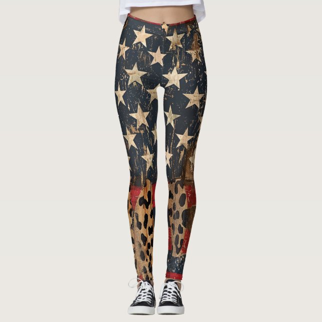 Rustik amerikansk flagga leopardtryck (3) leggings (Framsida)