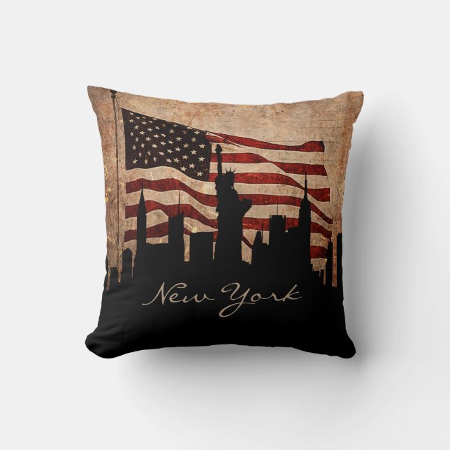 Rustik amerikansk flagga New York Skyline | Landmä Kudde (Framsida)