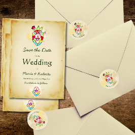 Rustik Anatomiskt Blommigt Heart Mexikanska Bröllo Runt Klistermärke