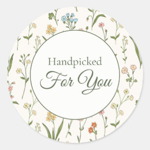 Rustik äng med vilda blommor "Handplockad" Runt Klistermärke