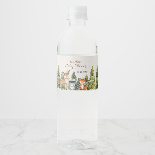 Rustik Animals Wood White Blommigt Baby Shower Vattenflaskor Etikett (Framsida)