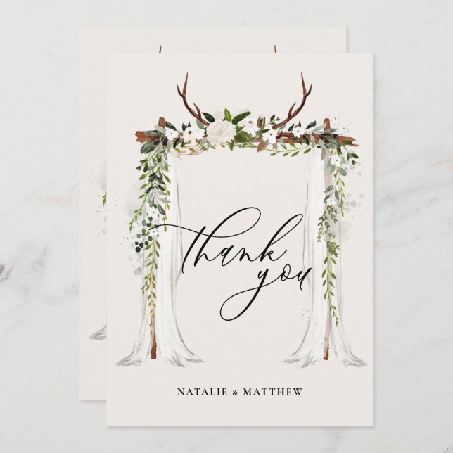 Rustik antler och vattenfärgad blommigt canopy brö tack kort (Fram/baksida)