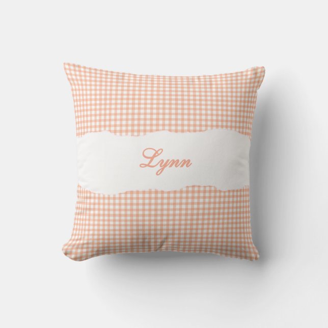 Rustik apelsin gingham personligt namn kudde (Framsida)