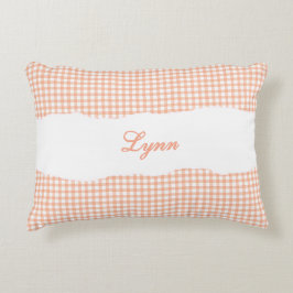 Rustik apelsin gingham personligt namn prydnadskudde