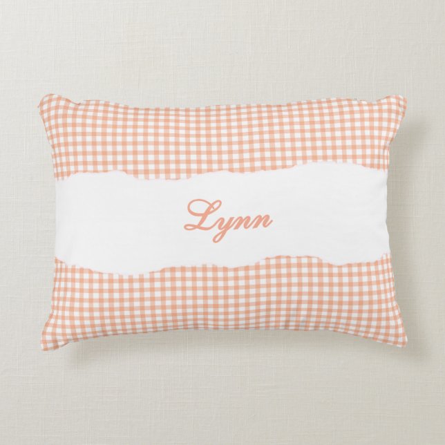 Rustik apelsin gingham personligt namn prydnadskudde (Framsidan)