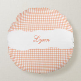 Rustik apelsin gingham personligt namn rund kudde