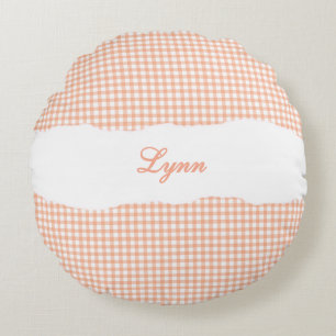 Rustik apelsin gingham personligt namn rund kudde