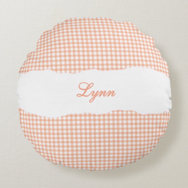 Rustik apelsin gingham personligt namn rund kudde (Framsidan)