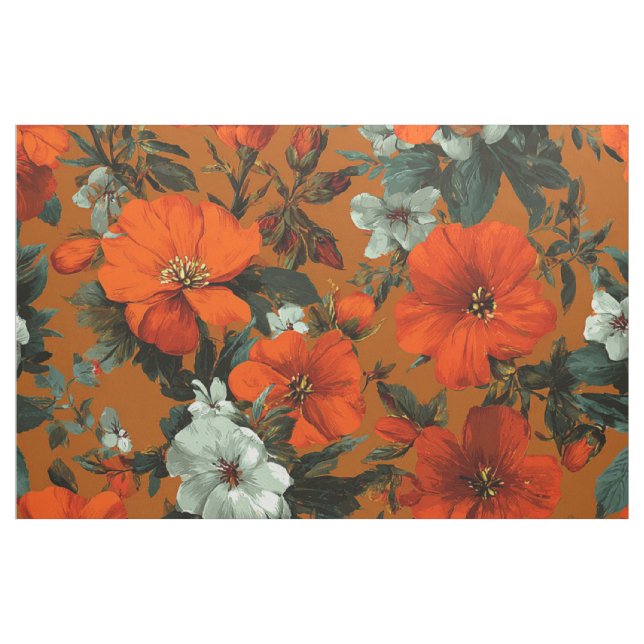 Rustik apelsin grön botanisk djärv vintage blommig tyg (Yard)