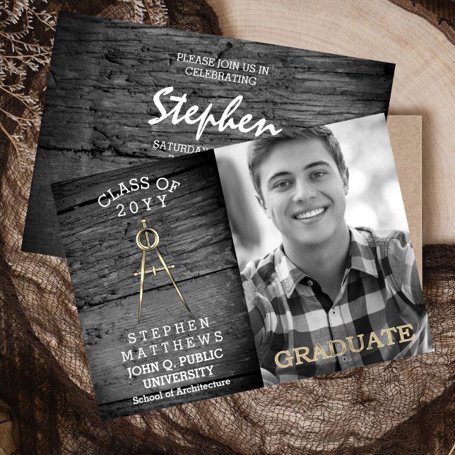 Rustik Architect Architecture Compass Studenten Inbjudningar (Rustic Architect Architecture Compass Graduation Announcement and Party Invitation - Print | Digital)
