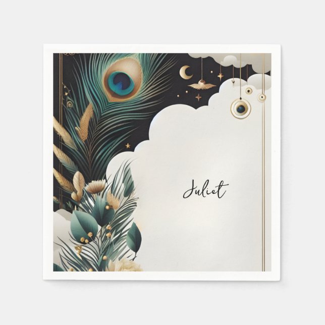 Rustik asiatisk himmel moln påfågel bröllopsdusch pappersservett (Framsidan)