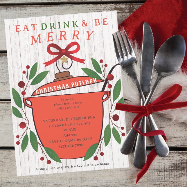 Rustik Ät, drick och var glad julpotluck Inbjudningar (Rustic Eat Drink and Be Merry Christmas Potluck Invitation for Church Family Office Xmas Parties)