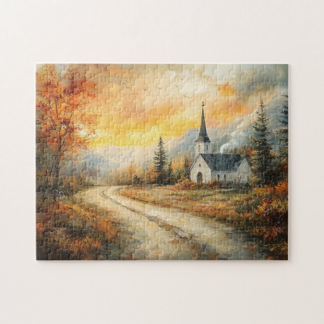 Rustik Autumn Church Watercolor Painting Pussel (Horisontell)