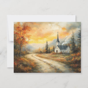 Rustik Autumn Church Watercolor Painting Vykort
