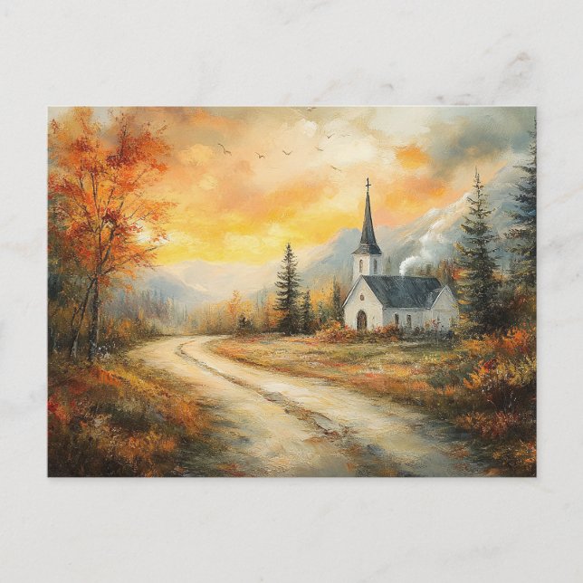 Rustik Autumn Church Watercolor Painting Vykort (Framsida)