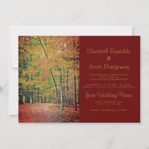 Rustik Autumn Forest Burgundy & Guld Bröllop Inbjudningar