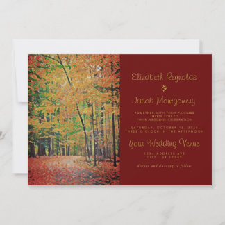 Rustik Autumn Forest Burgundy & Guld Bröllop Inbjudningar