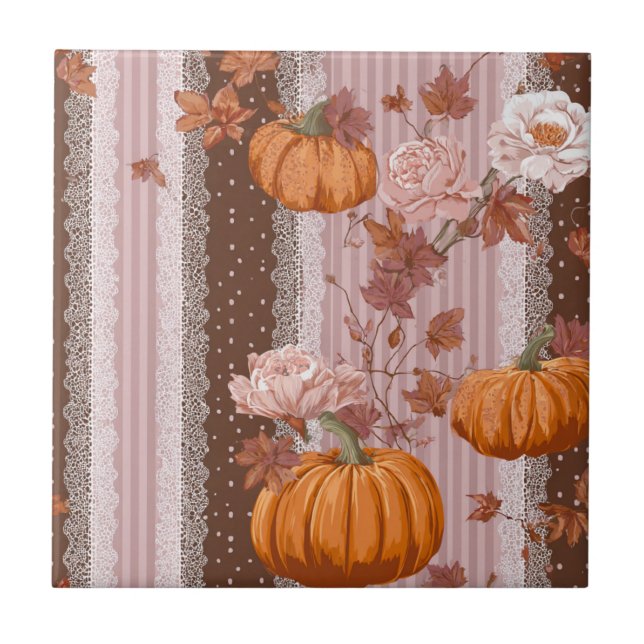 Rustik Autumn Pumpkins & Blommigt Snöre Seamless Kakelplatta (Framsidan)