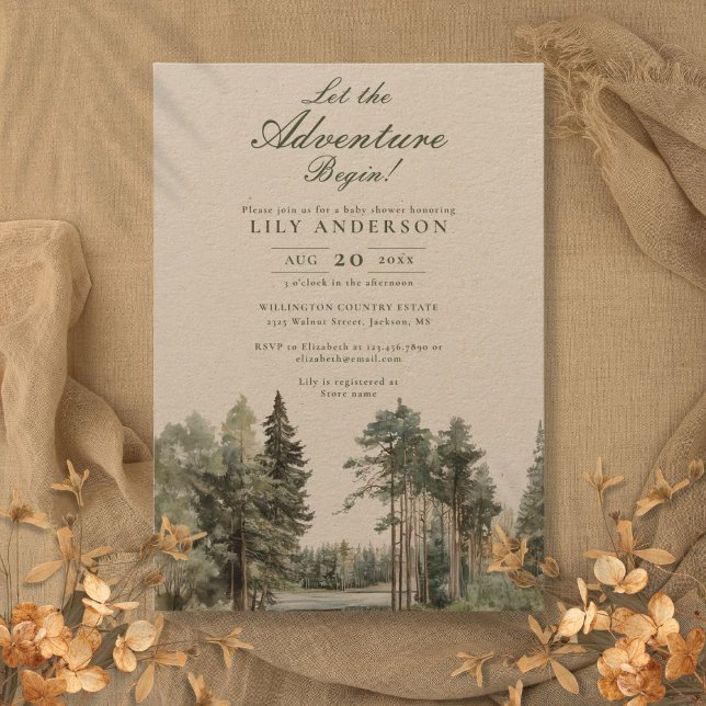Rustik äventyrsstart Sjøskogen Baby Shower Inbjudningar (Rustic Adventure Begin Lake Forest Baby Shower Invitation)