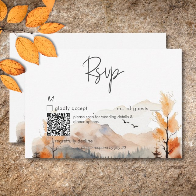 Rustik avgrund - vattenfärgsbeteckning QR OSA Kort (Rustic Fall Mountain Scene Watercolor QR Code RSVP Card)