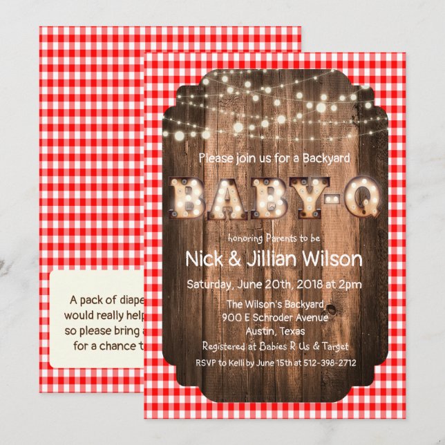 Rustik Baby Q BBQ Baby Shower Inbjudan (Fram/baksida)