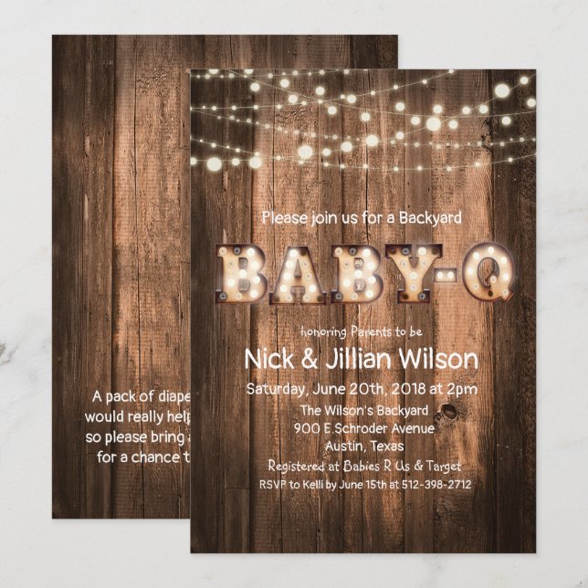 Rustik Baby Q BBQ Baby Shower Inbjudan (Fram/baksida)