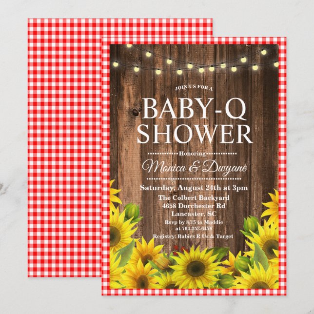 Rustik Baby Q dusch BBQ solros inbjudan (Fram/baksida)