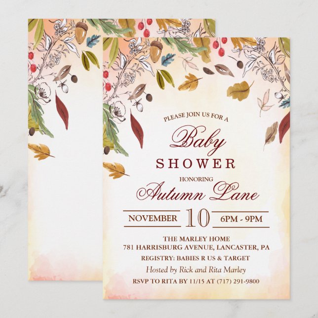 Rustik Baby Shower-inbjudan med höstlöv Inbjudningar (Fram/baksida)