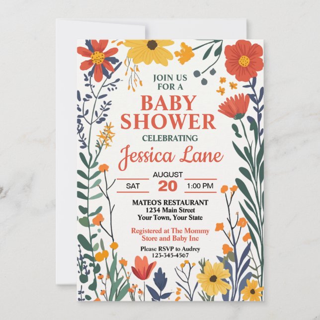 Rustik Baby Shower-inbjudan med vilda blommor Inbjudningar (Framsida)