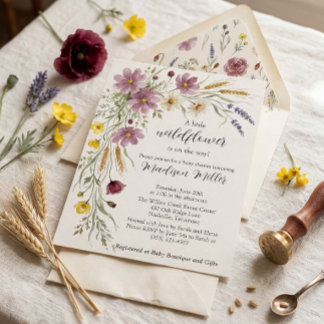 Rustik baby shower-inbjudan med vilda blommor och inbjudningar